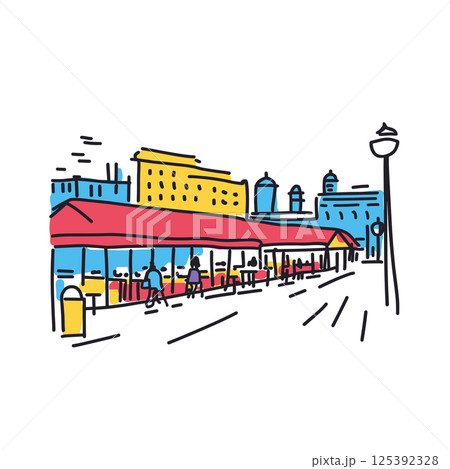 Pike Place Market illustration in an doodle inca cartoon style. Simple minimalist drawing of Pike Place Market Pike Place Market illustration in an doodle inca cartoon style. Simple minimalist drawing of Pike Place Market 125392328