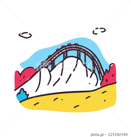 Six Flags Magic Mountain illustration in an doodle inca cartoon style. Simple minimalist drawing of Six Flags Magic Mountain Six Flags Magic Mountain illustration in an doodle inca cartoon style. Simple minimalist drawing of Six Flags Magic Mountain 125392340