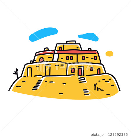 Mesa Verde illustration in an doodle inca cartoon style. Simple minimalist drawing of Mesa Verde 125392386