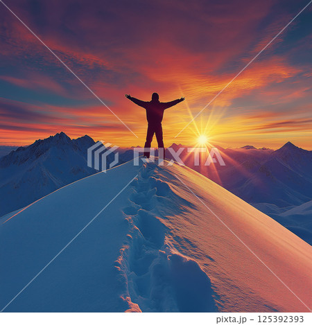 Hiker celebrating reaching snowy mountain peak at sunset Hiker celebrating reaching snowy mountain peak at sunset 125392393
