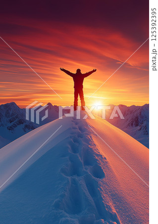 Hiker celebrating reaching snowy mountain peak at sunset 125392395