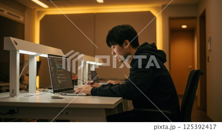 日本人男性プログラマーの集中作業（ai生成画像） 125392417
