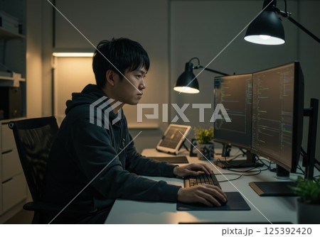 日本人男性プログラマーの集中作業（ai生成画像） 125392420
