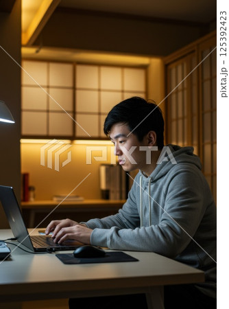 日本人男性プログラマーの集中作業（ai生成画像） 125392423