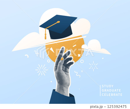 Graduate vector illustration background. Halftone effect student hand, cap in sky, sun. Education graduation congratulation banner. Celebrate grad class of 2025, cool fun art collage design 125392475