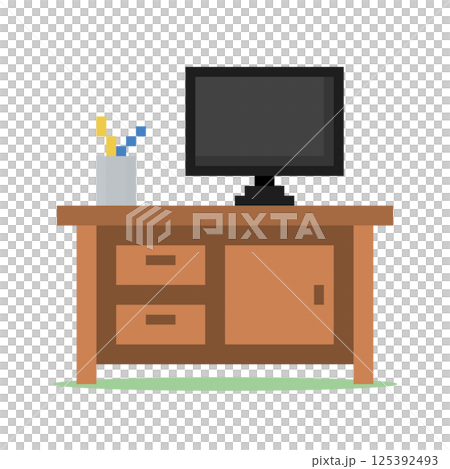 8 Bit Pixel work place in Vector Illustration for Game Assets. Flat desktop on desk in Pixel Art. 8 Bit Pixel work place in Vector Illustration for Game Assets. Flat desktop on desk in Pixel Art. 125392493