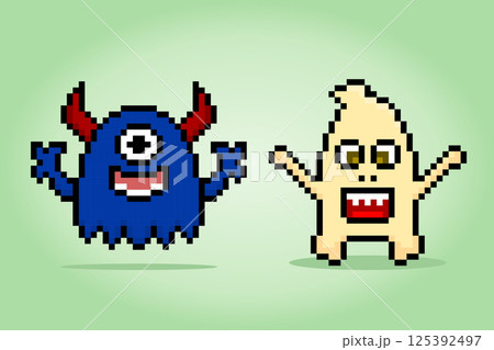 8-bit pixel cute monster, illustration of pixel art vector. Cute creature doodle set. 125392497