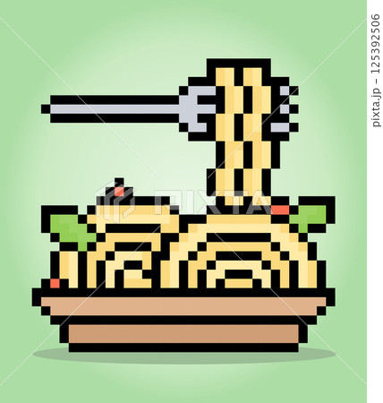 8 bit pixel noodles in a bowl, isolated fork. Food for game assets and cross stitches patterns in vector illustrations. 125392506