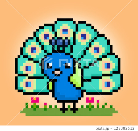 8 bit Pixel peacock bird. Animal game assets in vector illustration. 8 bit Pixel peacock bird. Animal game assets in vector illustration. 125392512