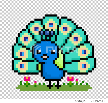 8 bit Pixel peacock bird. Animal game assets in vector illustration. 125392512