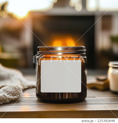 Amber glass candle in country house home interior, candle jar label mockup, cozy lifestyle candle branding template 125392646