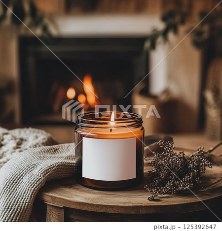 Amber glass candle in country house home interior, candle jar label mockup, cozy lifestyle candle branding template 125392647