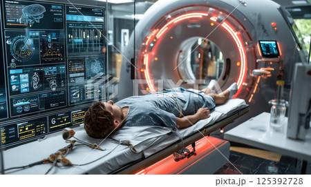 A patient lies calmly inside an MRI machine in a hospital. The concept of advanced medical imaging, healthcare technology, and diagnostic precision. Generative AI 125392728