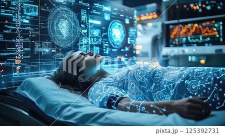 A patient lies calmly inside an MRI machine in a hospital. The concept of advanced medical imaging, healthcare technology, and diagnostic precision. Generative AI 125392731