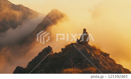 A person meditating on a mountaintop at sunrise with a calm expression pic A person meditating on a mountaintop at sunrise with a calm expression pic 125392865