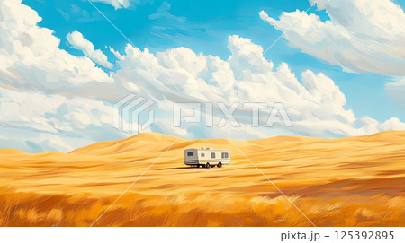 A serene desert scene with a lone caravan moving across golden dunes pic 125392895