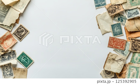A collection of vintage postage stamps on a white background, with space for text. picture 125392905