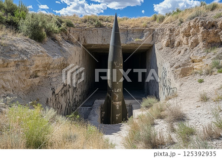 Old missile or rocket standing in abandoned concrete silo amid arid desert landscape, symbolizing Cold War era military installations 125392935