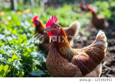 Close-up of a colorful rooster with vibrant red comb and wattles, standing in a lush vegetable garden with other chickens in the background 125392951