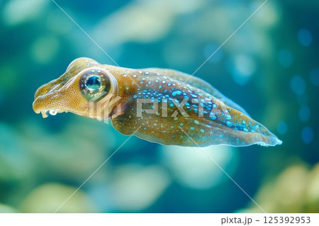 Vibrant close-up of a squid with large eyes and spotted skin, swimming in blue water, showcasing the beauty and intricacy of marine life 125392953