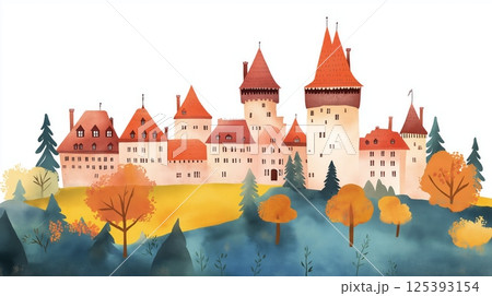 Bran Castle. Bran Castle hand drawn watercolor illustration Bran Castle. Bran Castle hand drawn watercolor illustration 125393154