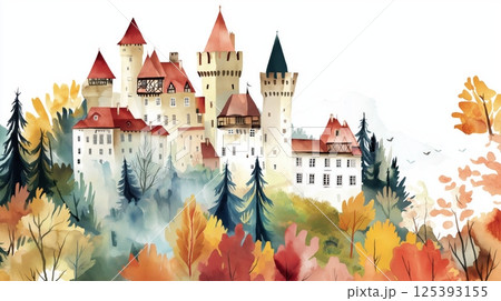 Bran Castle. Bran Castle hand drawn watercolor illustration Bran Castle. Bran Castle hand drawn watercolor illustration 125393155