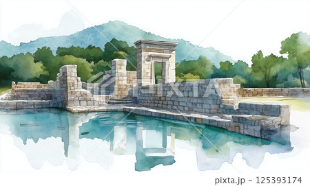 Butrint. Butrint hand drawn watercolor illustration 125393174