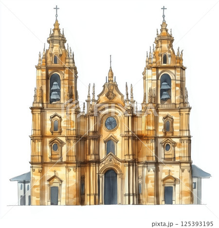 Cathedral of Santiago de Compostela. Cathedral of Santiago de Compostela hand drawn watercolor illustration 125393195