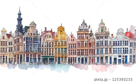Grand Place in Brussels. Grand Place in Brussels hand drawn watercolor illustration Grand Place in Brussels. Grand Place in Brussels hand drawn watercolor illustration 125393233