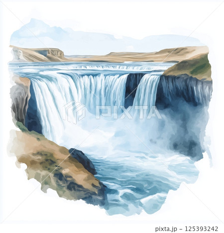 Gullfoss Waterfall. Gullfoss Waterfall hand drawn watercolor illustration 125393242