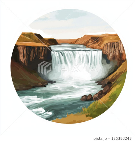 Gullfoss Waterfall. Gullfoss Waterfall hand drawn watercolor illustration Gullfoss Waterfall. Gullfoss Waterfall hand drawn watercolor illustration 125393245