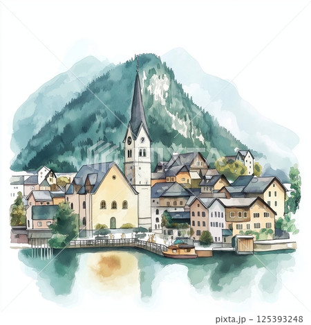 Hallstatt Village. Hallstatt Village hand drawn watercolor illustration 125393248