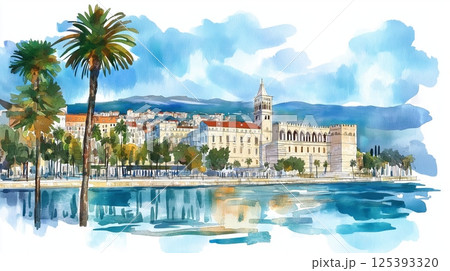 Diocletian's Palace. Diocletian's Palace hand drawn watercolor illustration 125393320
