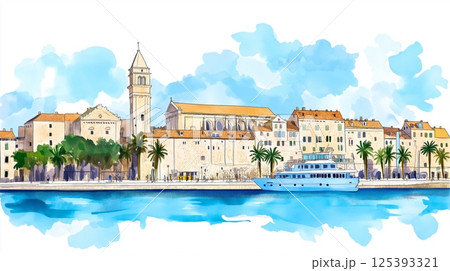 Diocletian's Palace. Diocletian's Palace hand drawn watercolor illustration Diocletian's Palace. Diocletian's Palace hand drawn watercolor illustration 125393321