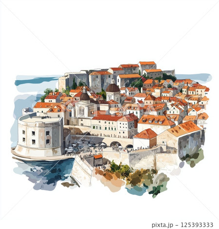 Dubrovnik Old Town and Walls. Dubrovnik Old Town and Walls hand drawn watercolor illustration Dubrovnik Old Town and Walls. Dubrovnik Old Town and Walls hand drawn watercolor illustration 125393333