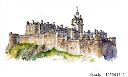 Edinburgh Castle. Edinburgh Castle hand drawn watercolor illustration 125393341