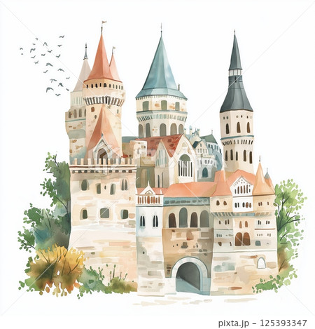 Fisherman's Bastion. Fisherman's Bastion hand drawn watercolor illustration Fisherman's Bastion. Fisherman's Bastion hand drawn watercolor illustration 125393347