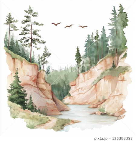 Gauja National Park. Gauja National Park hand drawn watercolor illustration 125393355
