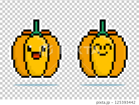 8 bit pixel of pumpkin character. Veggies for game assets and cross stitch patterns in vector illustrations. 8 bit pixel of pumpkin character. Veggies for game assets and cross stitch patterns in vector illustrations. 125393442