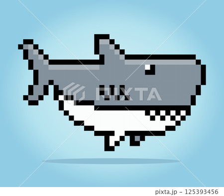 8 bit pixels of shark. Animal for asset games and Cross Stitch patterns in vector illustrations. 8 bit pixels of shark. Animal for asset games and Cross Stitch patterns in vector illustrations. 125393456