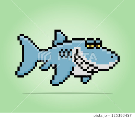 8 bit pixels of shark. Animal for asset games and Cross Stitch patterns in vector illustrations. 125393457