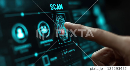 hand is pointing at digital screen with glowing fingerprint scan interface 125393485