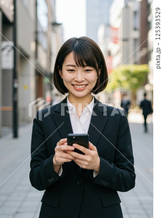 スマートフォンで話す日本人女性起業家（ai生成画像） 125393529