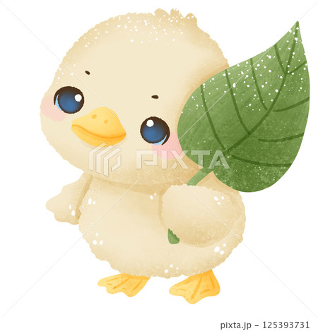 Cute little goose holding a leaf hand drawn clipart with transparent background. Perfect for cards, crafts, stickers, and spring designs 125393731