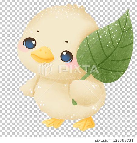 Cute little goose holding a leaf hand drawn clipart with transparent background. Perfect for cards, crafts, stickers, and spring designs 125393731