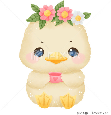 Cute little goose wearing a flower crown hand drawn clipart with transparent background. Perfect for cards, crafts, stickers, and spring designs Cute little goose wearing a flower crown hand drawn clipart with transparent background. Perfect for cards, crafts, stickers, and spring designs 125393732