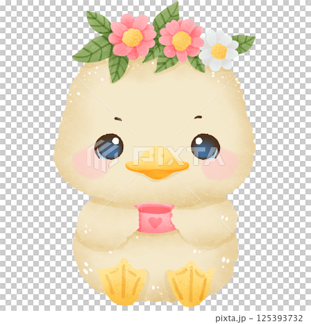 Cute little goose wearing a flower crown hand drawn clipart with transparent background. Perfect for cards, crafts, stickers, and spring designs Cute little goose wearing a flower crown hand drawn clipart with transparent background. Perfect for cards, crafts, stickers, and spring designs 125393732