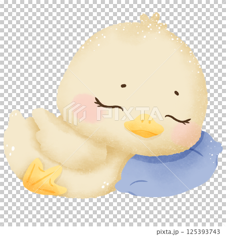 Cute sleeping baby goose with pillow hand drawn clipart with transparent background. Perfect for cards, crafts, stickers, and spring designs 125393743