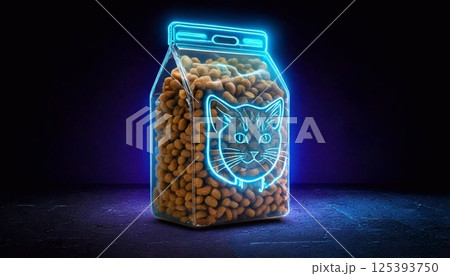 Neon cat food packaging illuminated against a dark background showcasing vibrant design 125393750