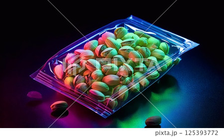 Neon packaging of pistachio nuts illuminated with vibrant colors in a dark setting 125393772